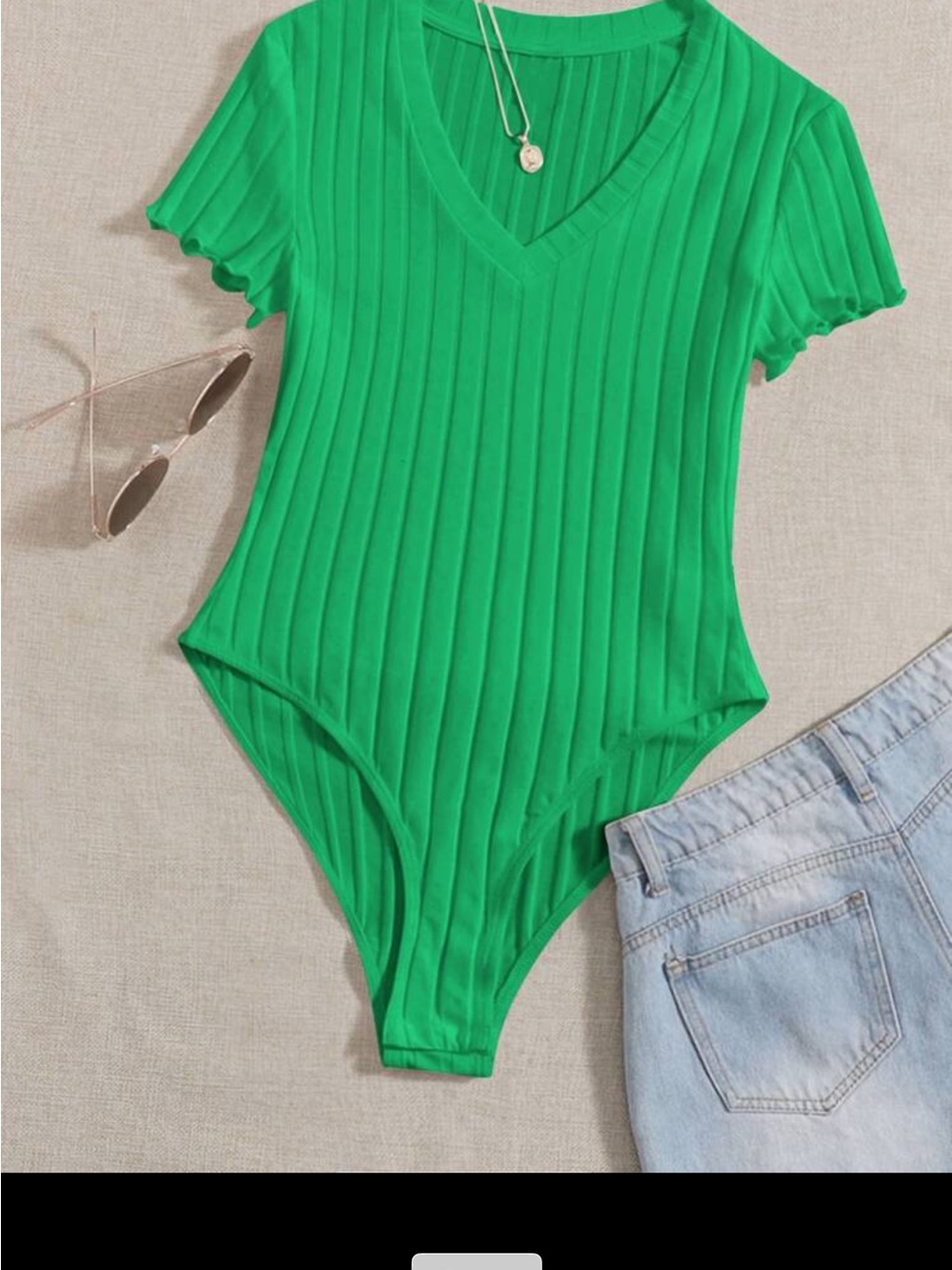 SHEIN Bright Green Ribbed V-Neck Short Sleeve Bodysuit